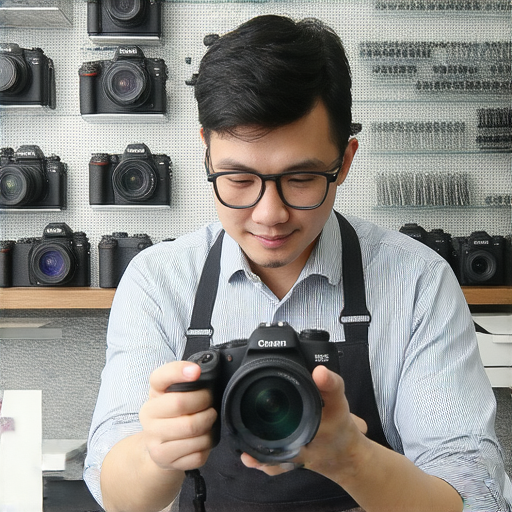 專業相機維修技術人員正在深水埗、旺角、尖沙咀提供優質服務，展示多款相機及維修工具，服務環境友好，顧客滿意度高，助您快速解決相機問題。