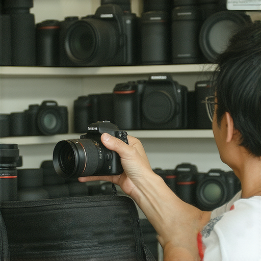 發現深水埗與旺角的相機維修服務店，專業技師正在仔細檢查相機，周圍擺放著各種相機配件，展示高品質維修技巧與專業服務，讓攝影愛好者滿意體驗。