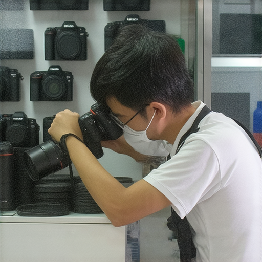 深水埗和旺角專業相機維修服務展示，維修技術員專注檢查相機，解說維修過程與攝影課程，讓攝影裝備重獲新生，提升用戶體驗與技術。