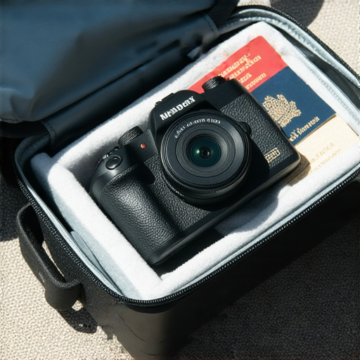 傻瓜相機放置於行李箱中，周圍有護照和旅行物品，展現攝影小白便捷旅行的必知秘訣，搭乘飛機安全使用傻瓜相機的技巧。