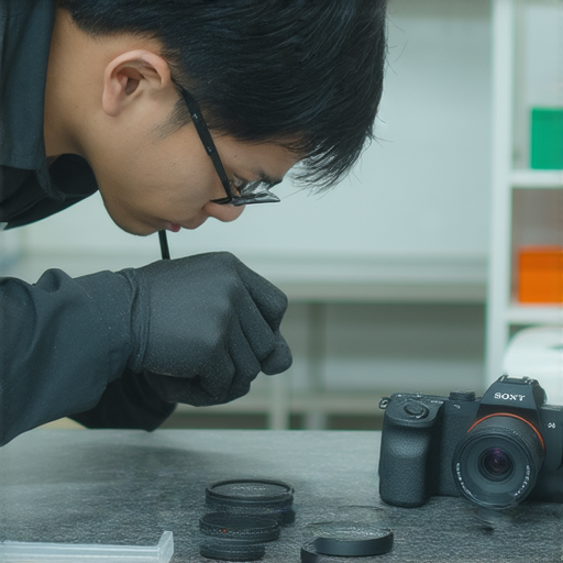 深水埗相機維修中心提供專業的SONY與CANON修理服務的圖片，顯示技術人員正在檢查相機，背景可見維修設備。立即了解隱藏優惠，保證相機性能恢復如新。