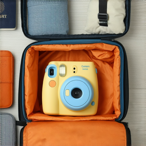 傻瓜相機放置在行李箱中，展示其托運情況，背景有旅行用品，強調傻瓜相機的拍攝、重複使用和安全運輸，助你輕鬆掌握行李托運的真相。