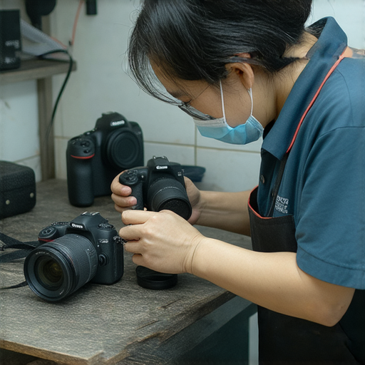 深水埗與旺角的專業相機維修服務，展示專業技術人員正在專注維修相機的過程，讓攝影愛好者了解價格與服務，確保拍攝不再中斷。