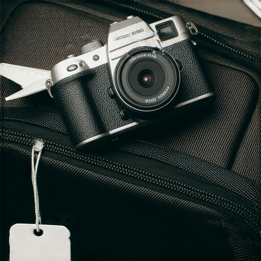 傻瓜相機放置在登機行李上方，旁邊有飛機的模型與行李標籤，展示相機可隨飛機旅行的情境，強調安全檢查與拍照的簡便性。