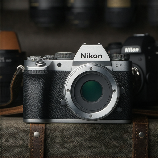 Nikon Z FC相機特寫，展現其復古設計與現代技術的結合，強調其在Nikon Z系列相機中的優勢與全新魅力，背景為攝影器材的精美佈置。