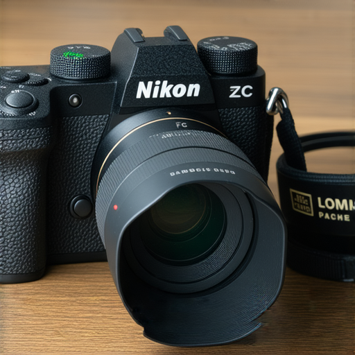 Nikon Z FC相機展示，融合復古設計與現代技術，強調其攝影功能，激發攝影技巧提升的潛力，背景為攝影工作室環境，展示其優雅外觀和功能性。